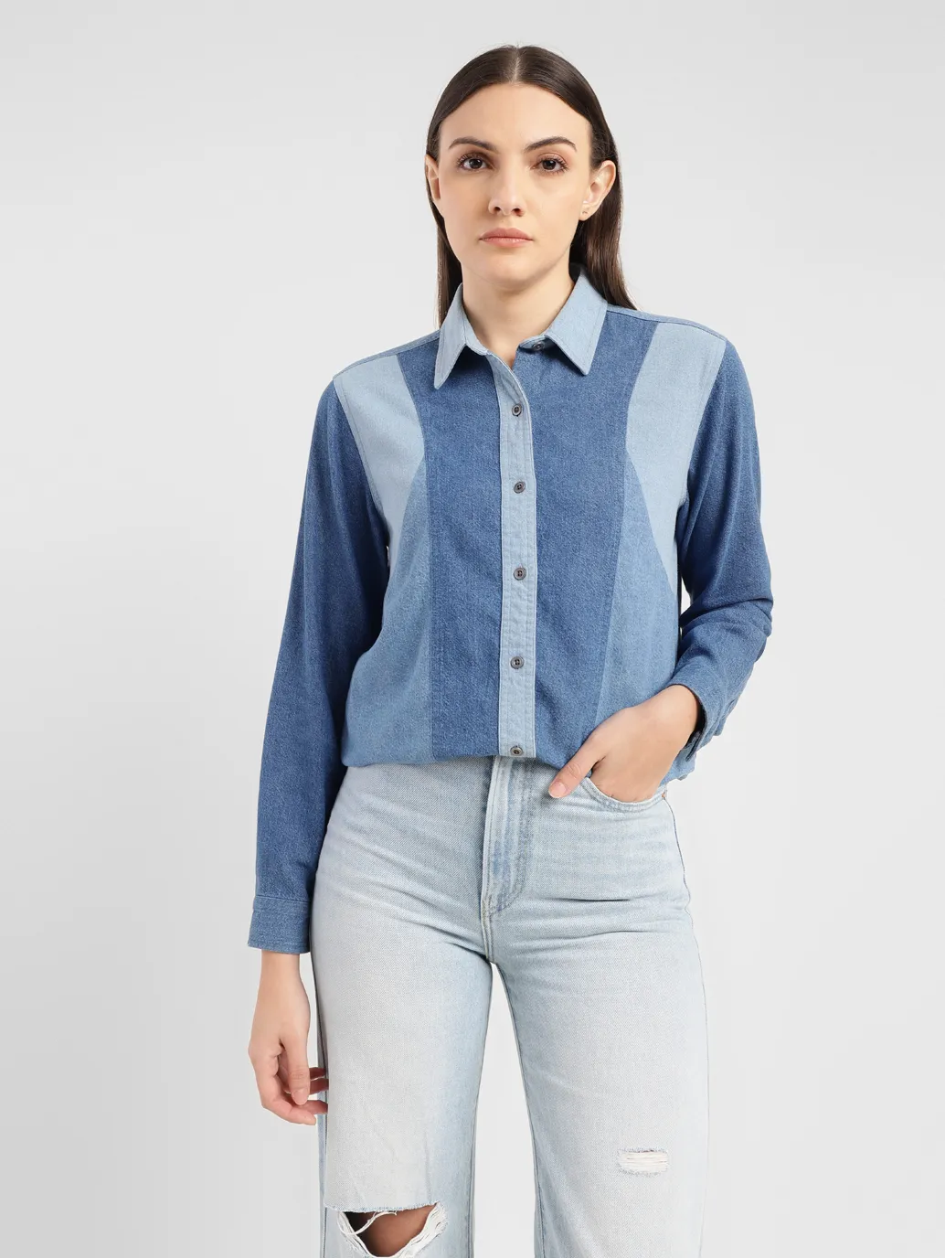 Women's Colorblock Spread Collar Shirt - Image 6