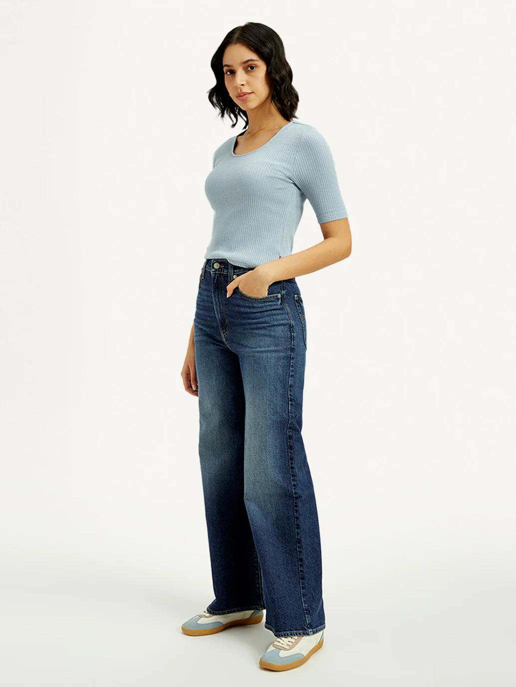 Women's Dark Indigo Ribcage Wide Leg Fit High Rise Jeans - Image 6