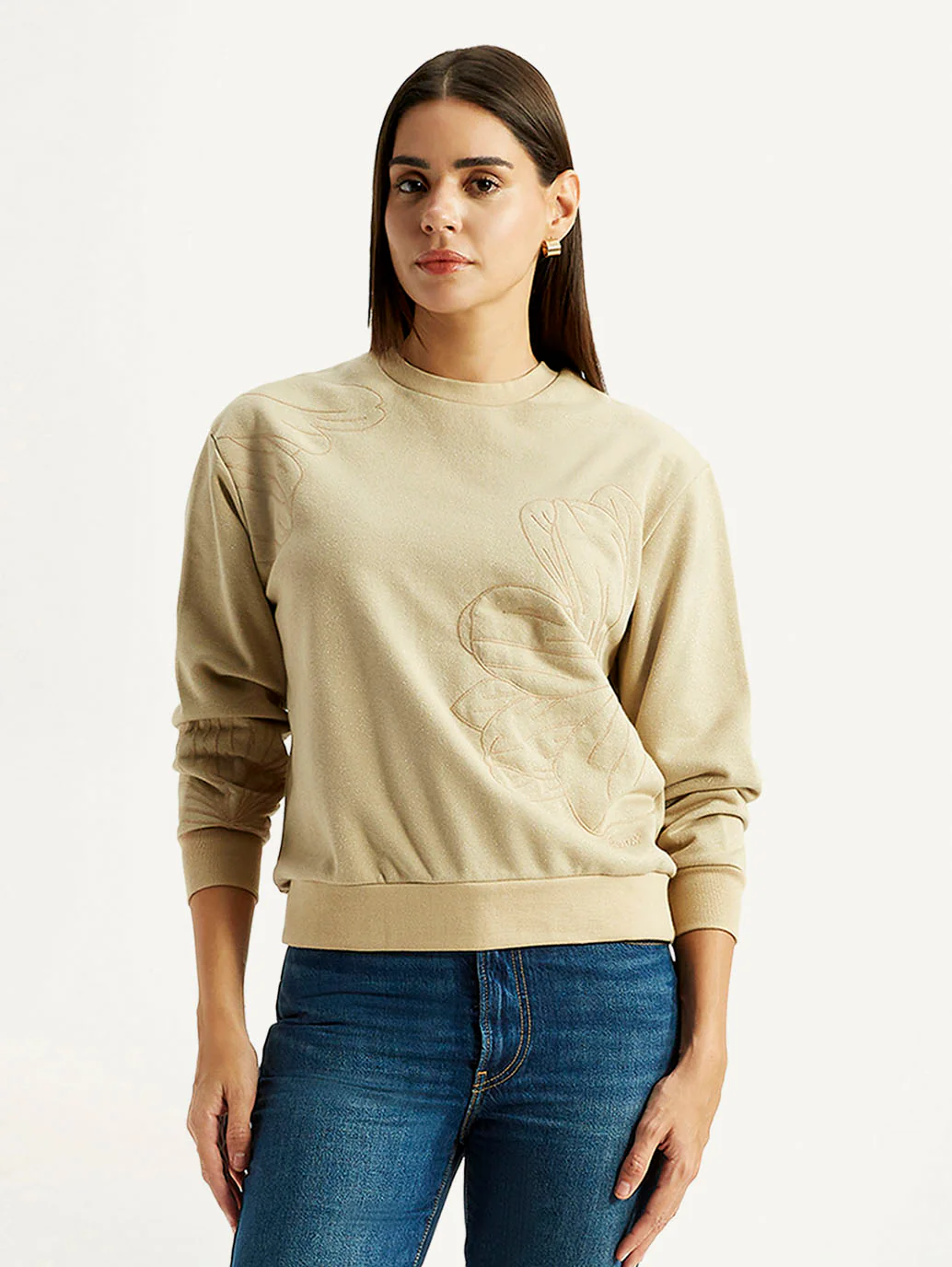 Women's Embroidered Beige Crew Neck Sweatshirt