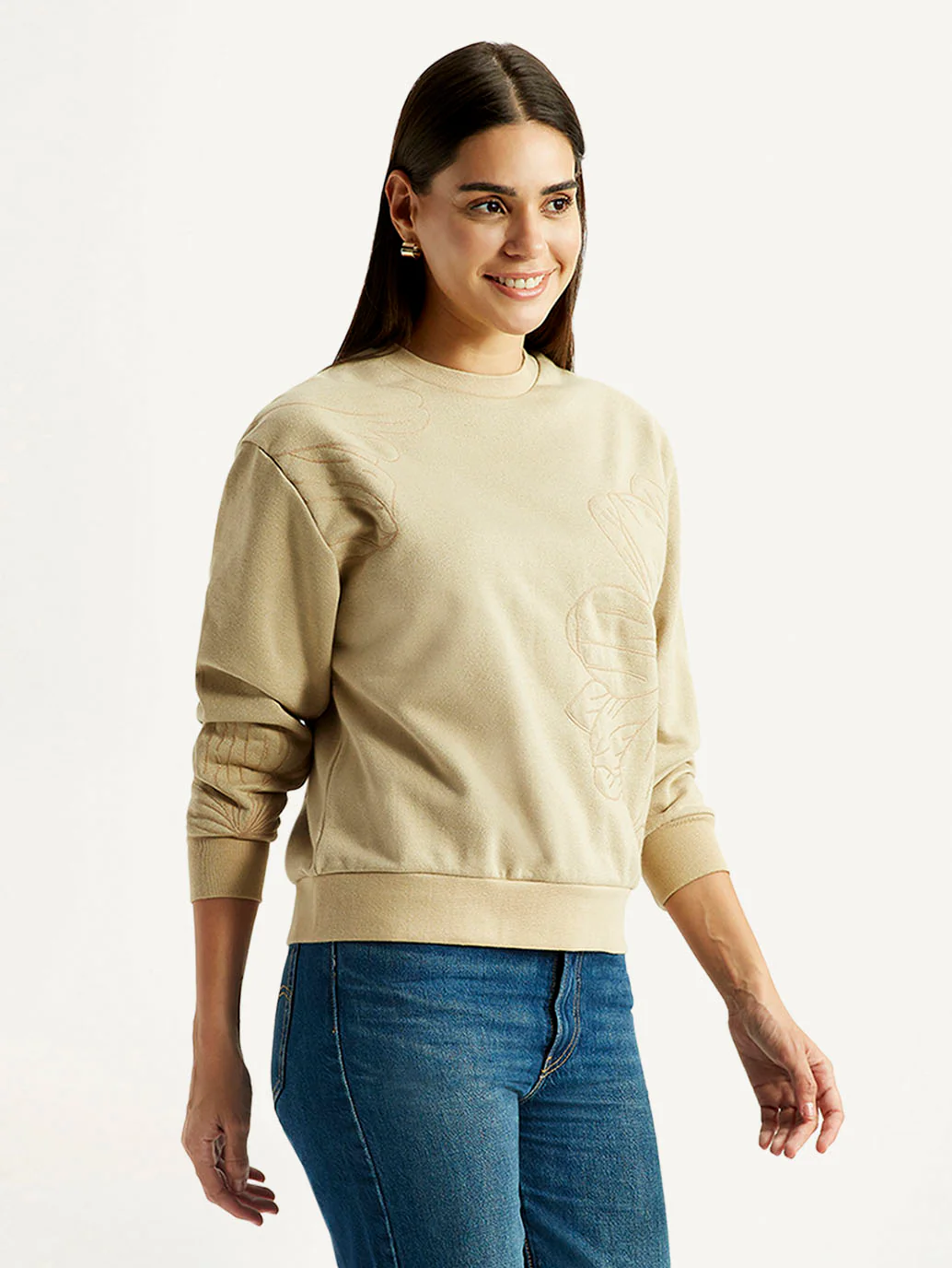 Women's Embroidered Beige Crew Neck Sweatshirt - Image 5