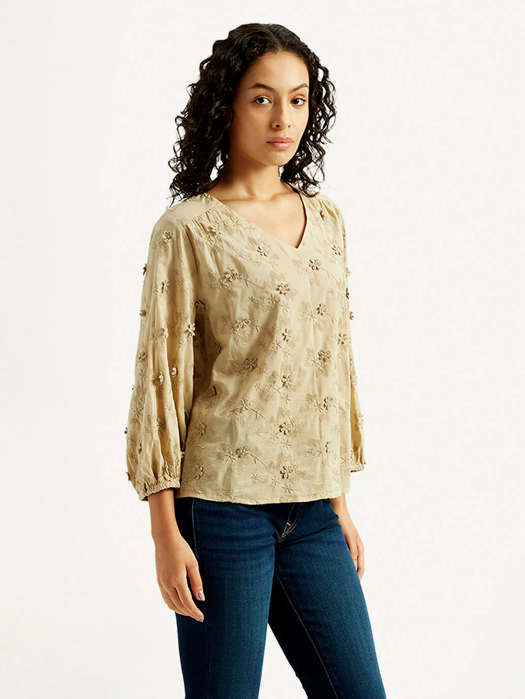 Women's Embroidered Beige V-Neck Top - Image 4