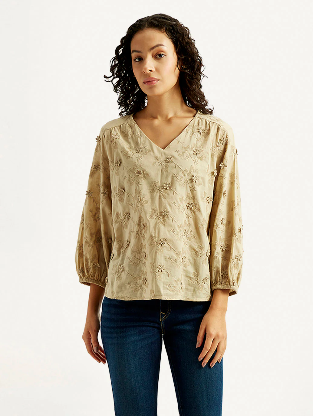 Women's Embroidered Beige V-Neck Top - Image 5