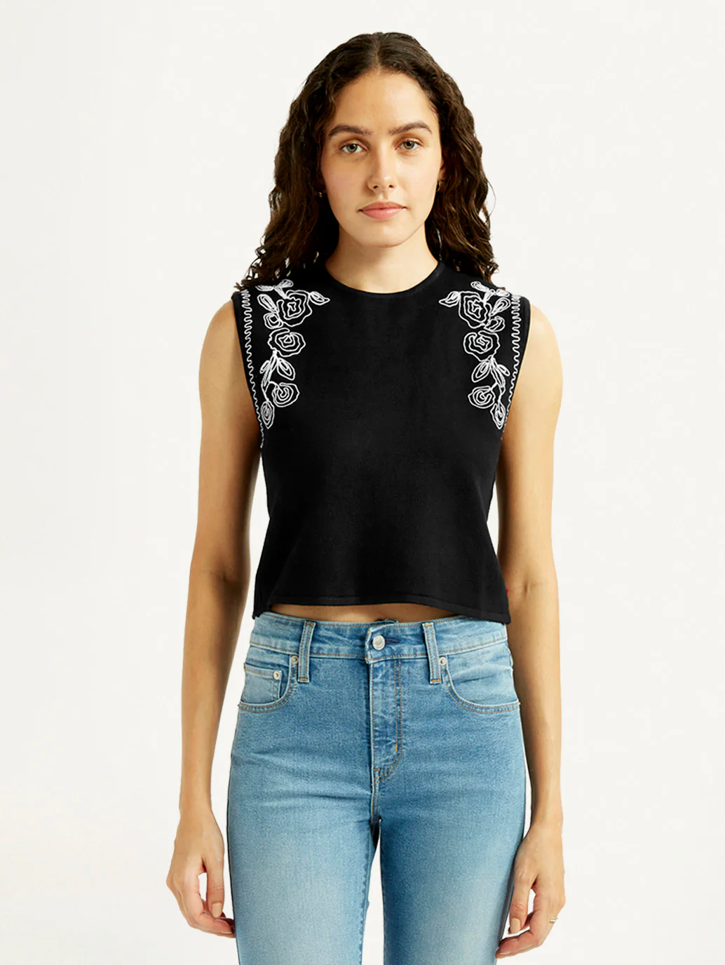 Women's Embroidered Black Crew Neck Top - Image 2