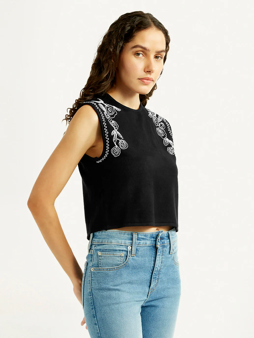 Women's Embroidered Black Crew Neck Top - Image 5