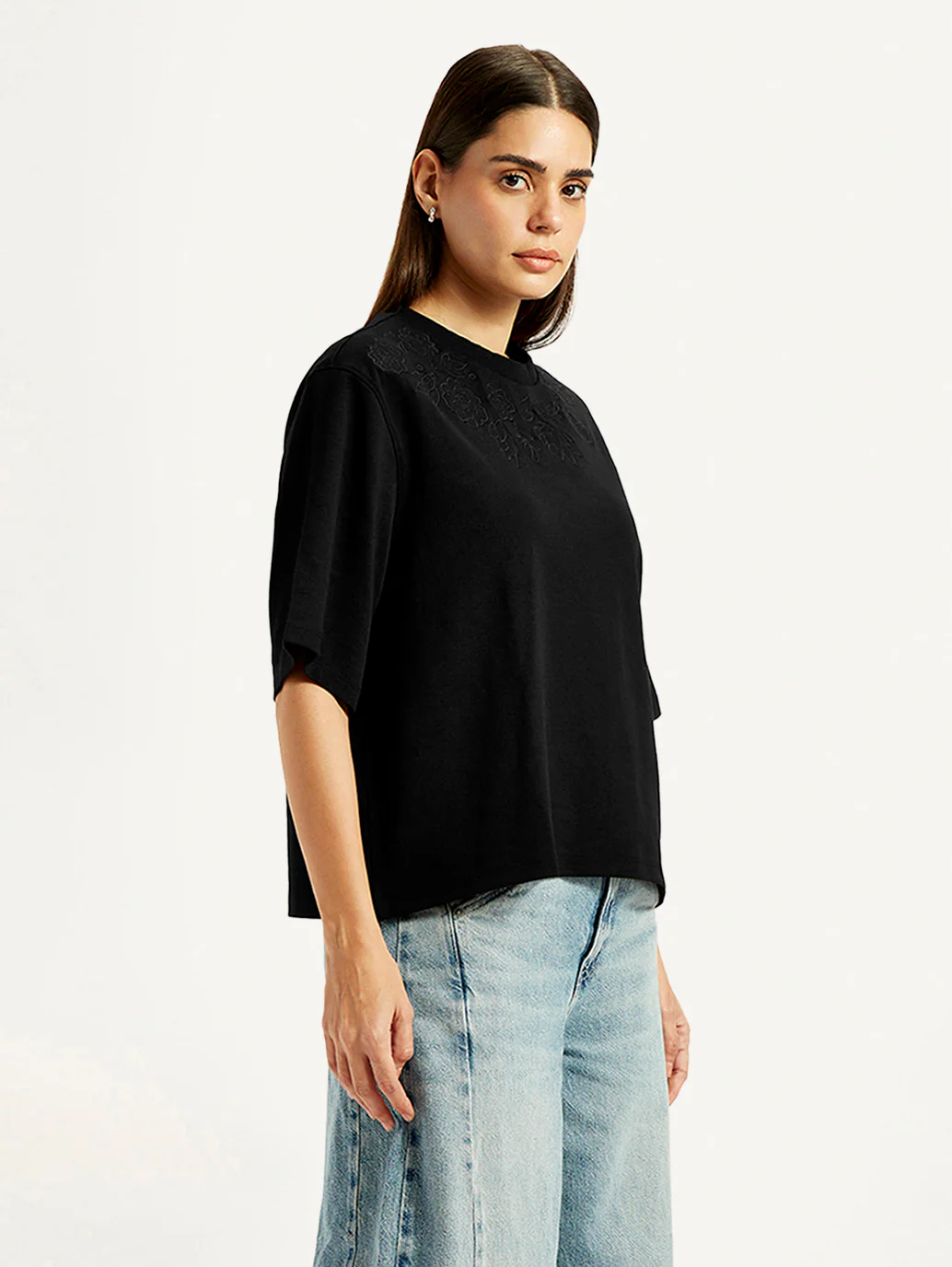 Women's Embroidered Black Relaxed Fit T-shirt - Image 4