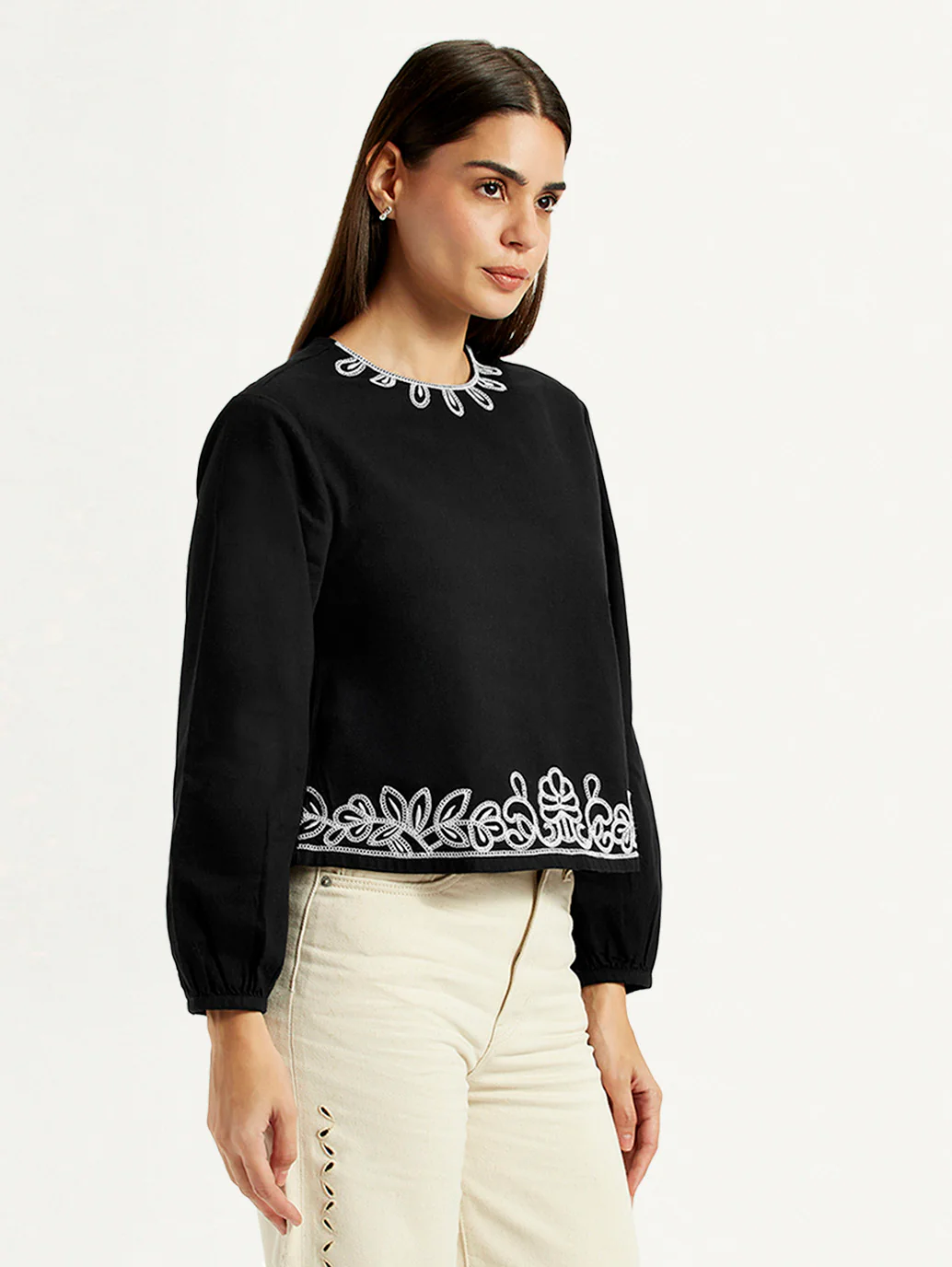 Women's Embroidered Black Round Neck Top - Image 4