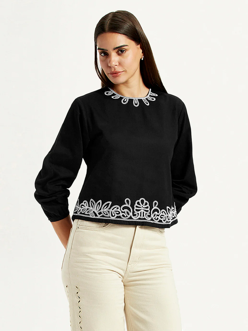 Women's Embroidered Black Round Neck Top - Image 5