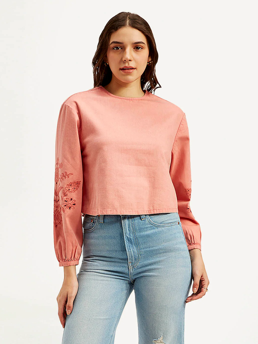 Women's Embroidered Coral Round Neck Top - Image 3