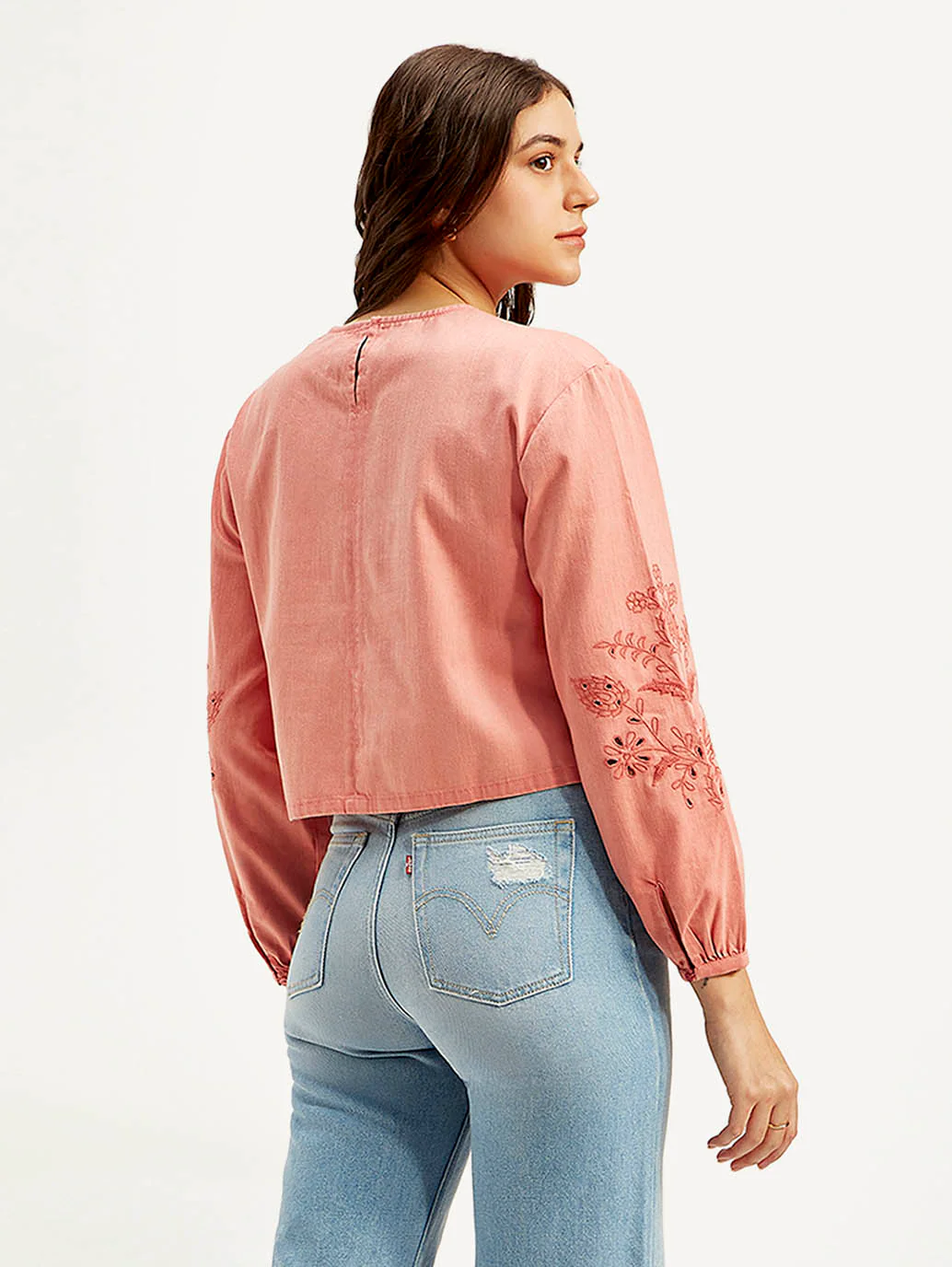 Women's Embroidered Coral Round Neck Top - Image 4