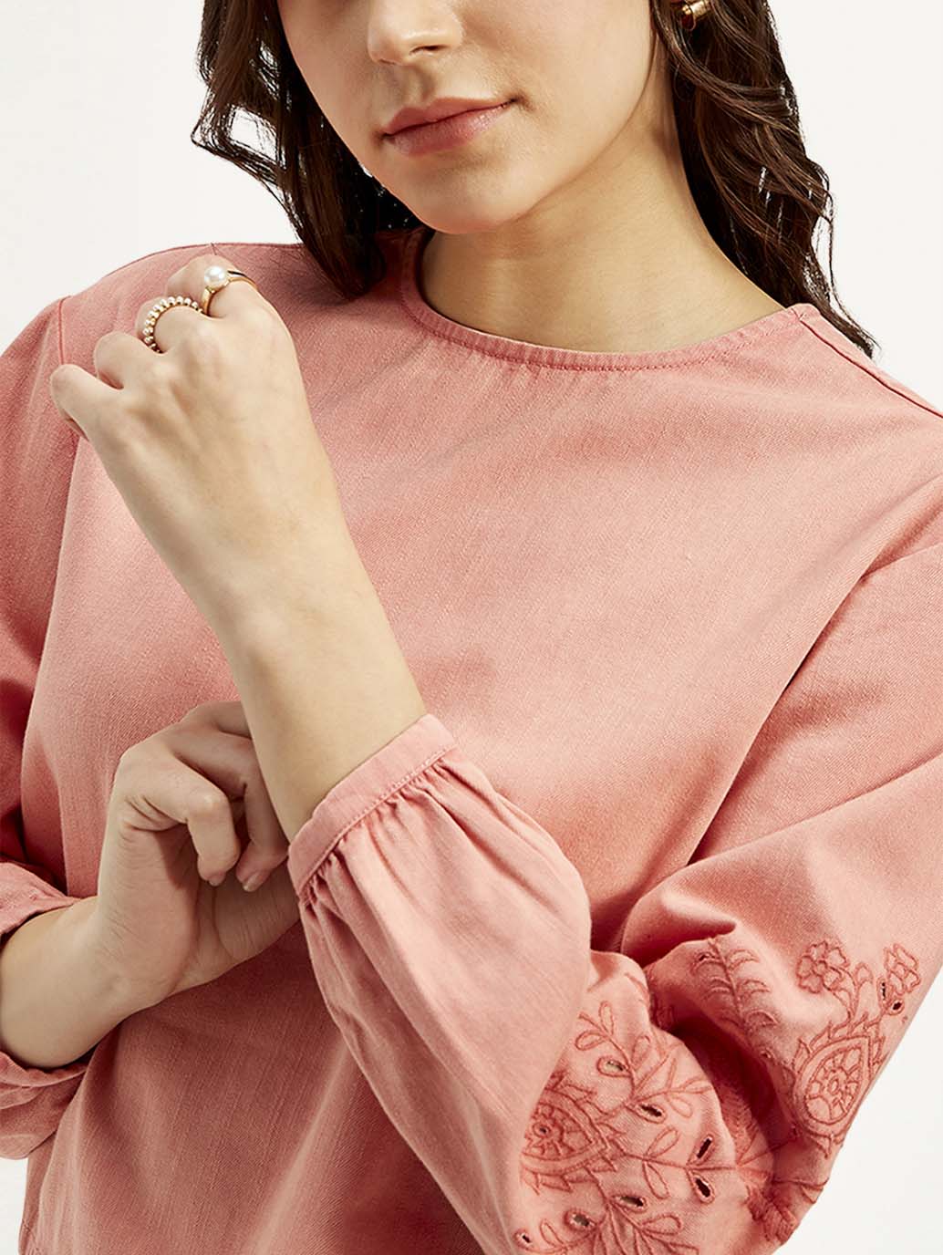 Women's Embroidered Coral Round Neck Top - Image 5