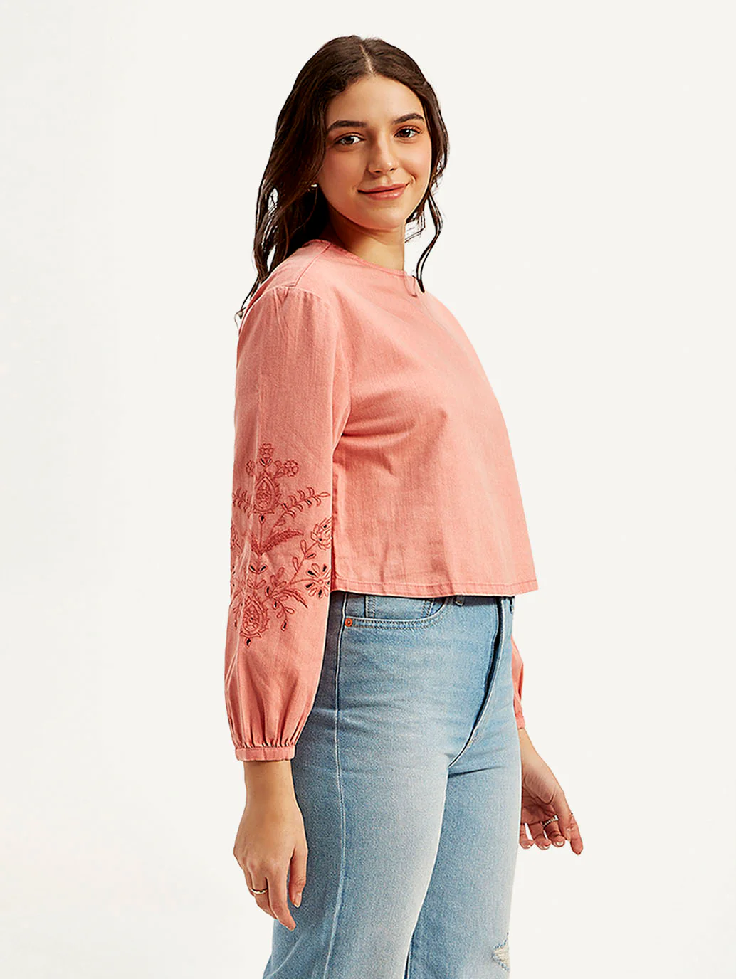 Women's Embroidered Coral Round Neck Top - Image 6