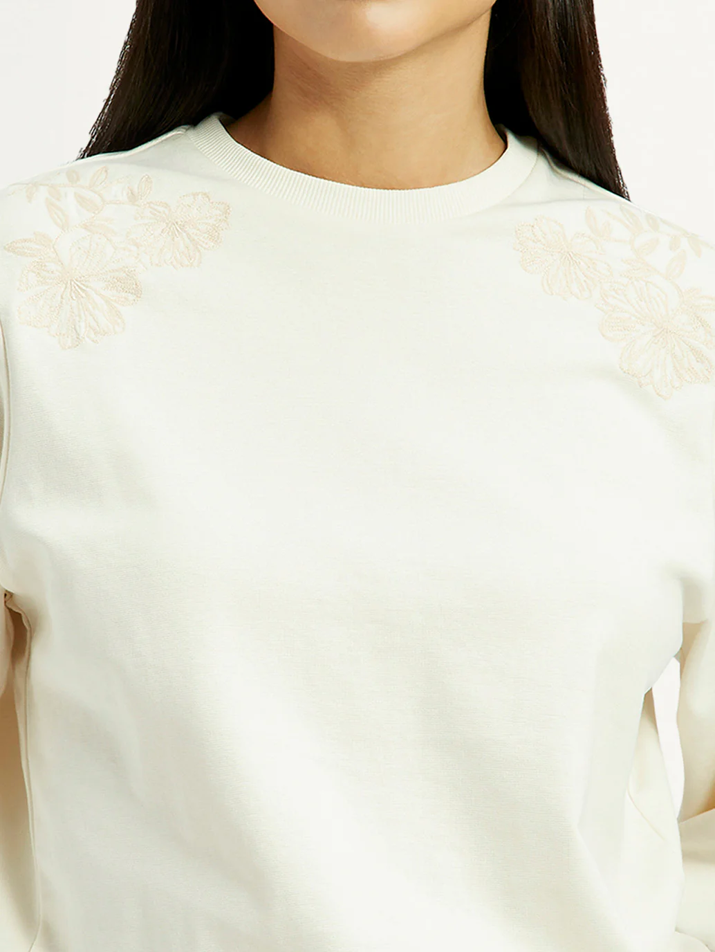 Women's Embroidered Cream Crew Neck Top - Image 3