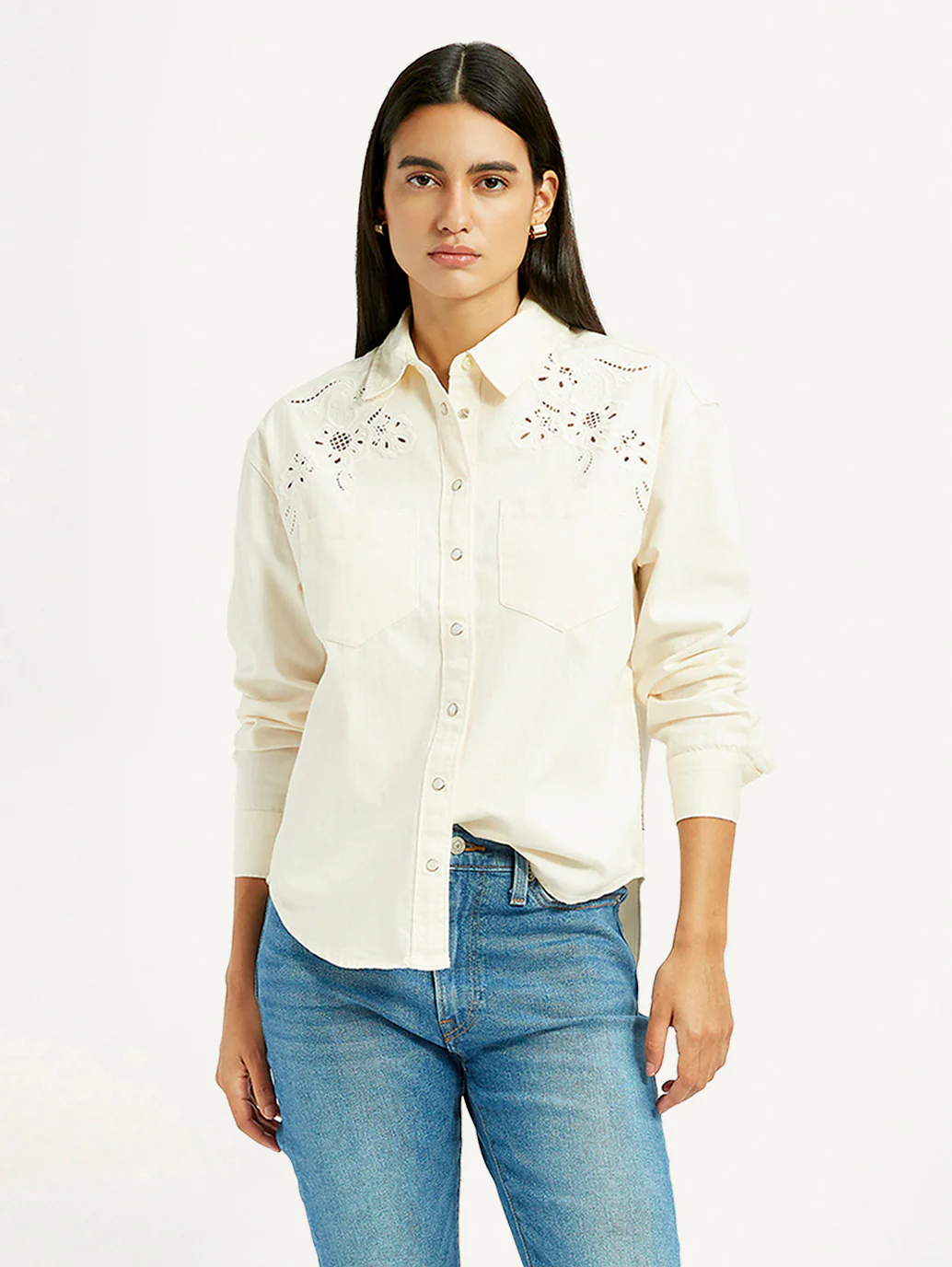 Women's Embroidered Cream Spread Collar Shirt