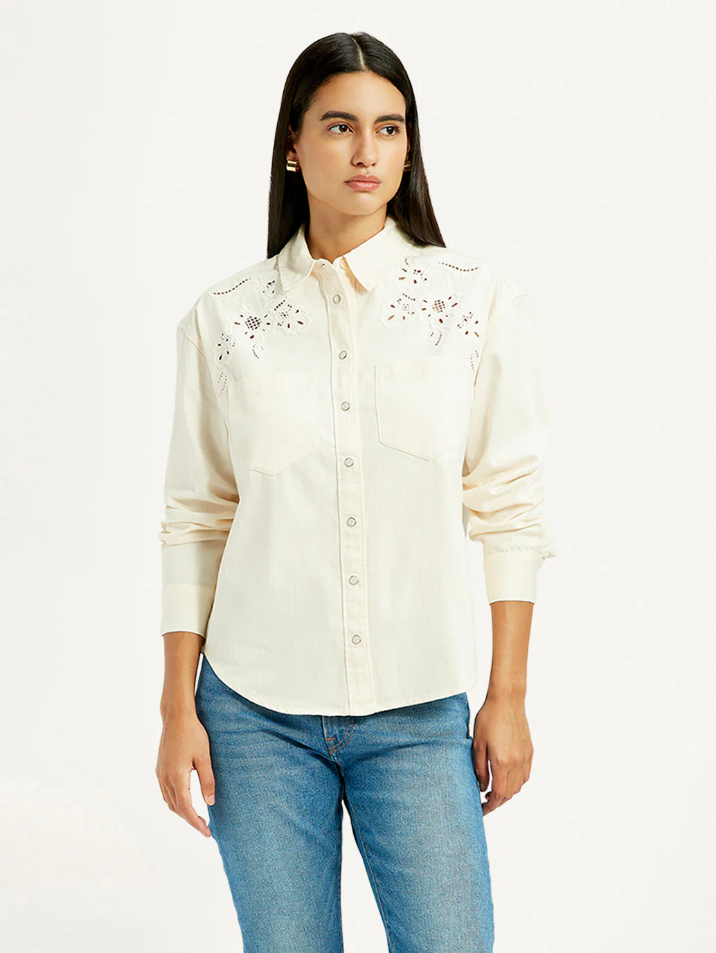 Women's Embroidered Cream Spread Collar Shirt - Image 5