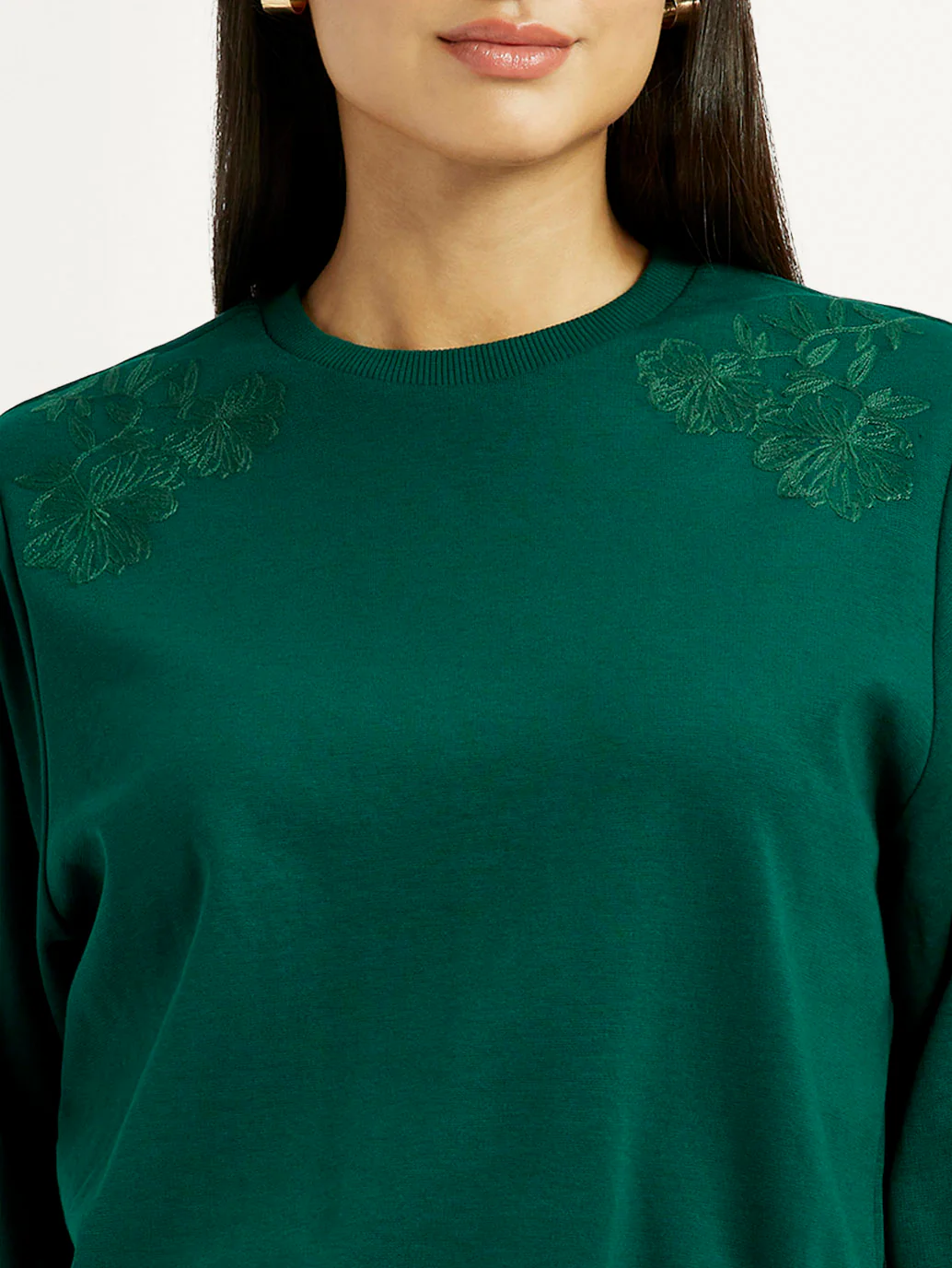Women's Embroidered Dark Green Crew Neck Top - Image 3