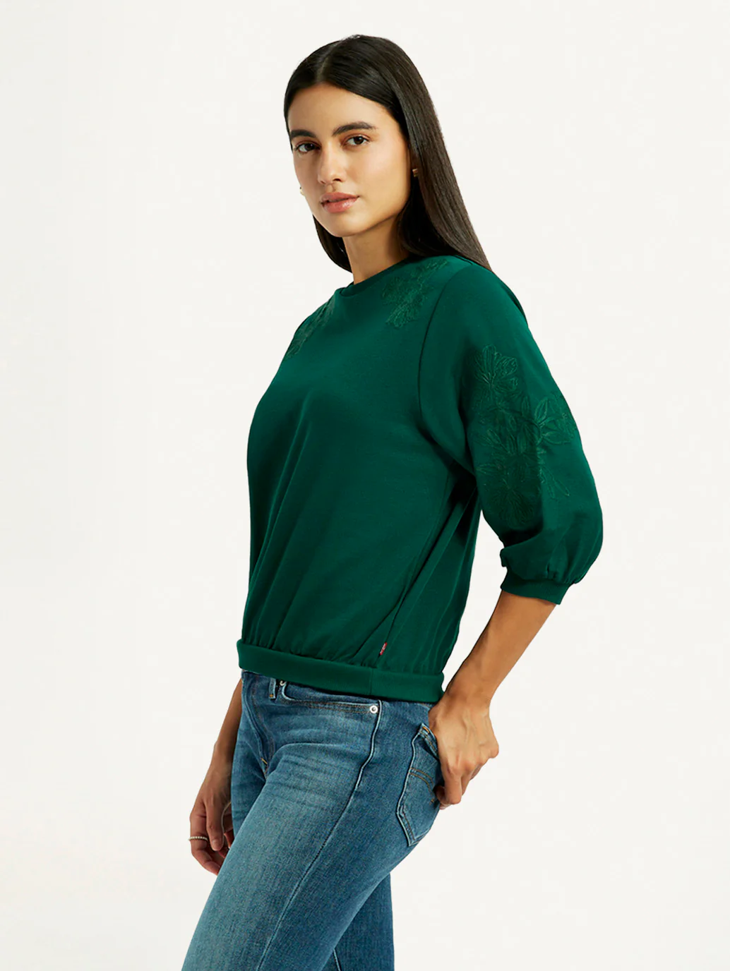 Women's Embroidered Dark Green Crew Neck Top - Image 4