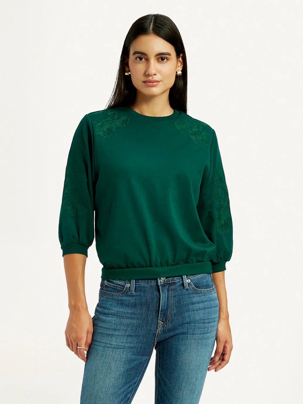 Women's Embroidered Dark Green Crew Neck Top - Image 5