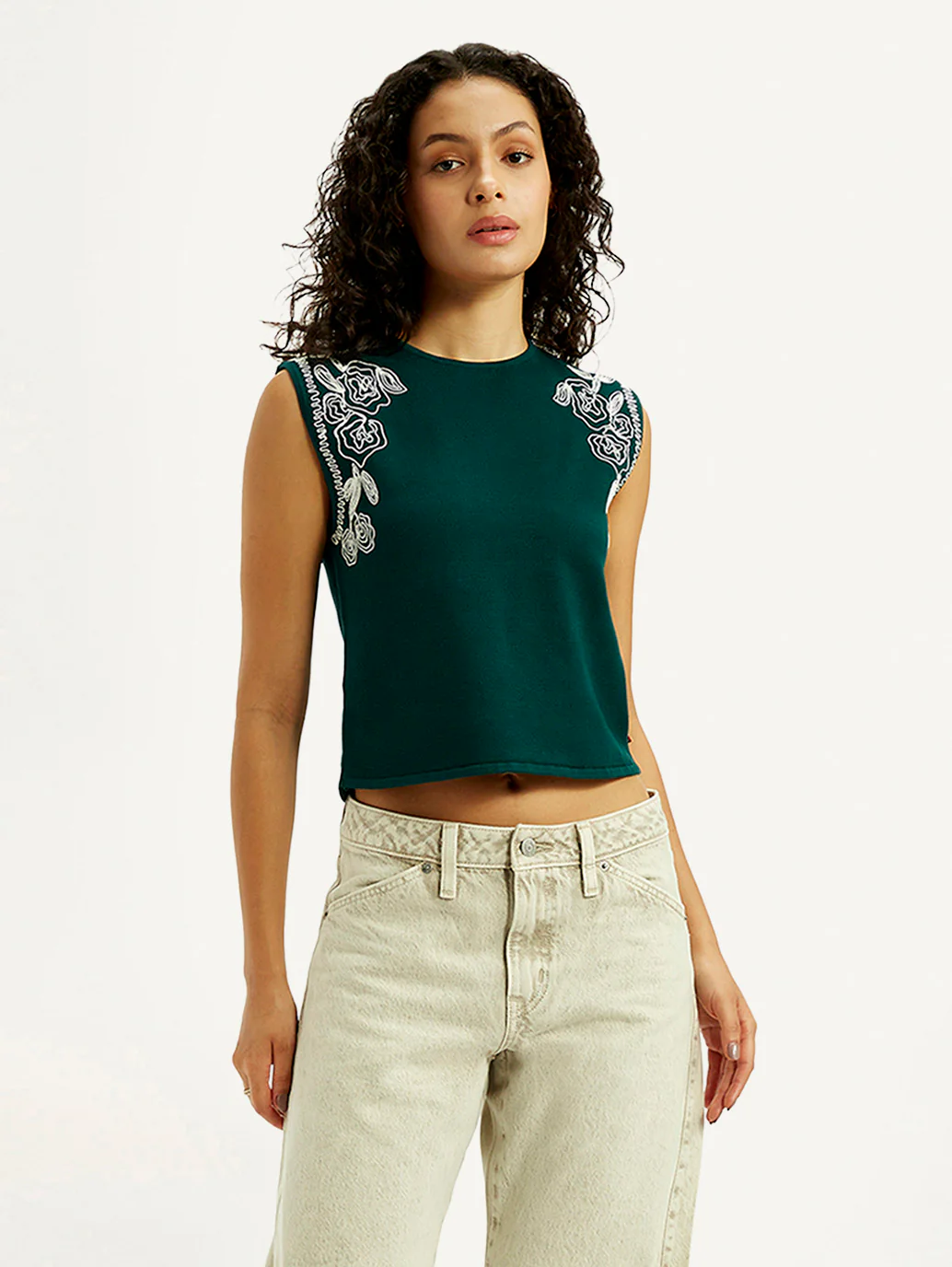 Women's Embroidered Dark Green Round Neck Top - Image 2