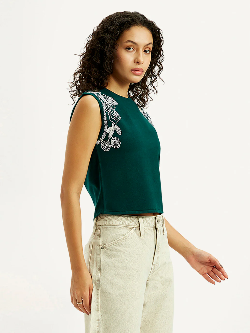 Women's Embroidered Dark Green Round Neck Top - Image 5