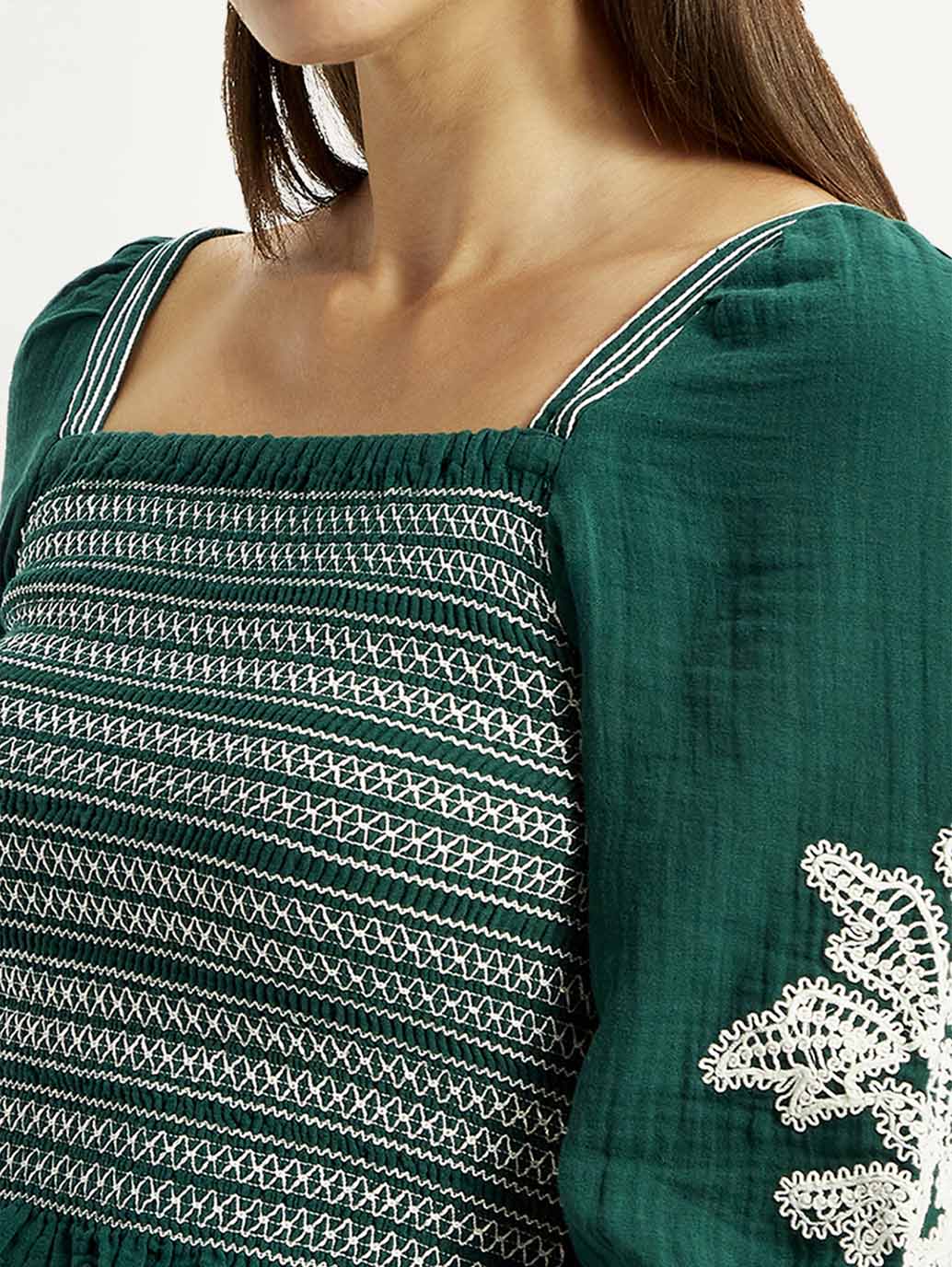 Women's Embroidered Green Square Neck Top - Image 5