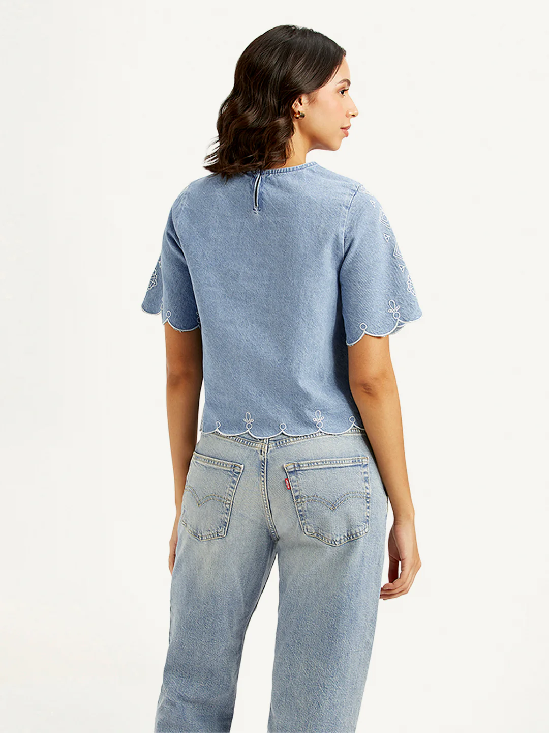 Women's Embroidered Light-Blue Round Neck Crop Top - Image 2
