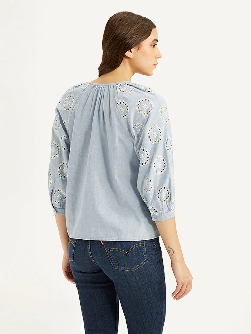 Women's Embroidered Light-Blue Round Neck Top - Image 2