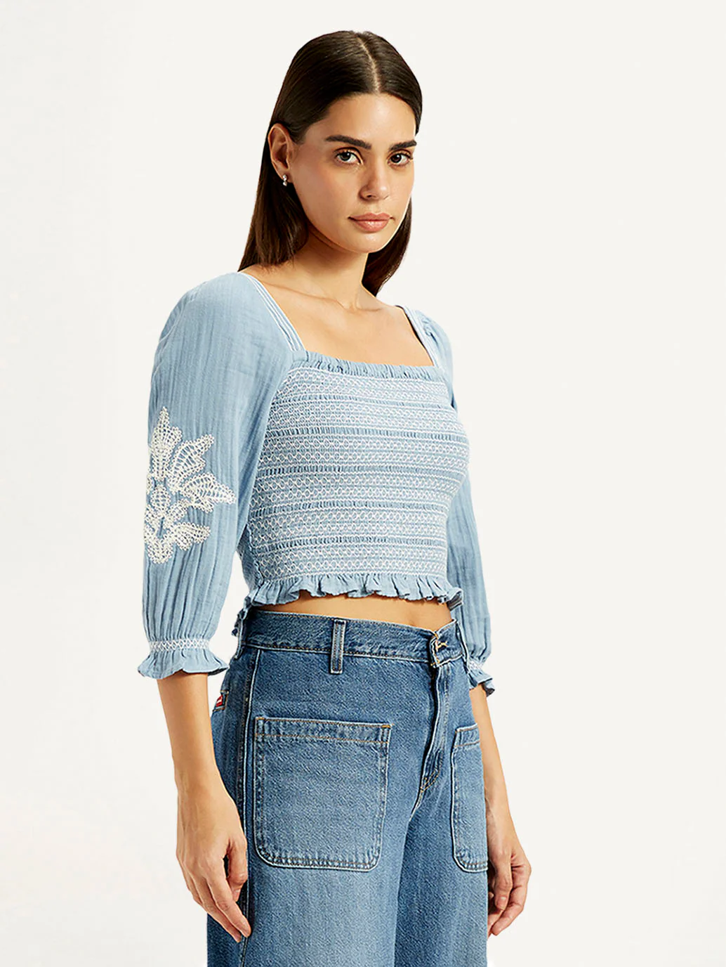Women's Embroidered Light Blue Square Neck Top - Image 3