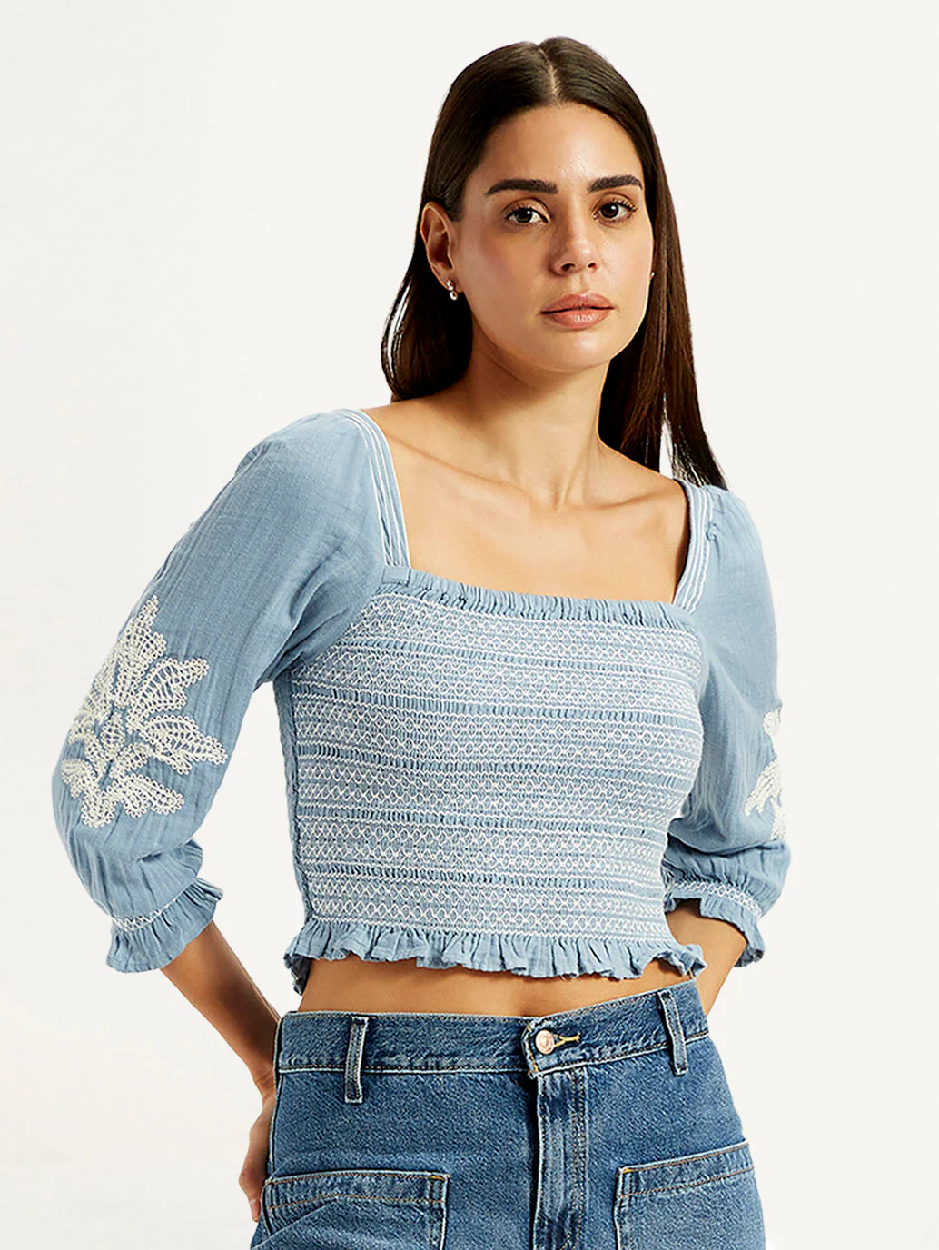 Women's Embroidered Light Blue Square Neck Top - Image 4