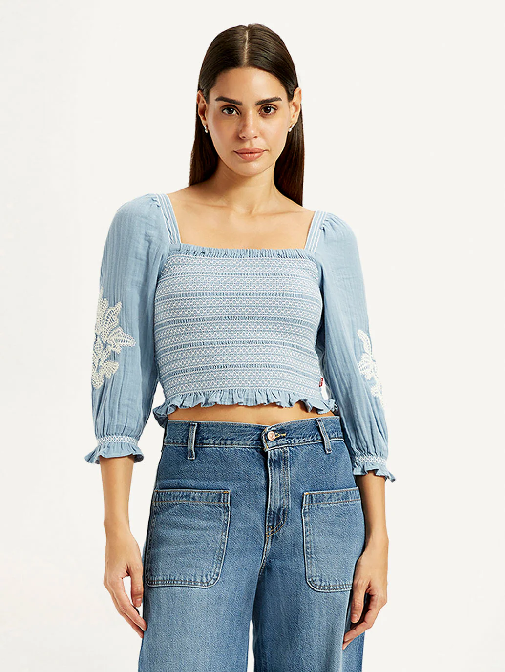 Women's Embroidered Light Blue Square Neck Top - Image 5