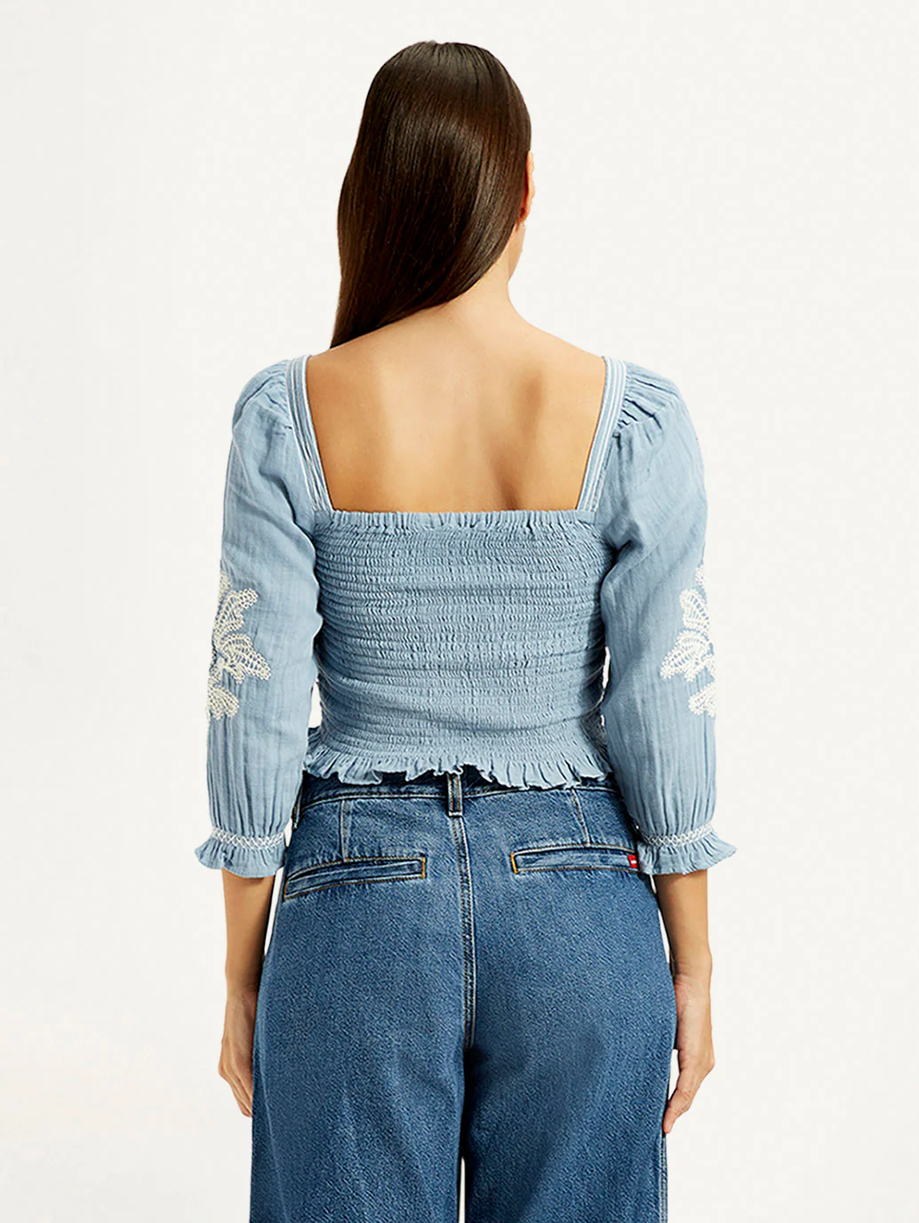Women's Embroidered Light Blue Square Neck Top - Image 6
