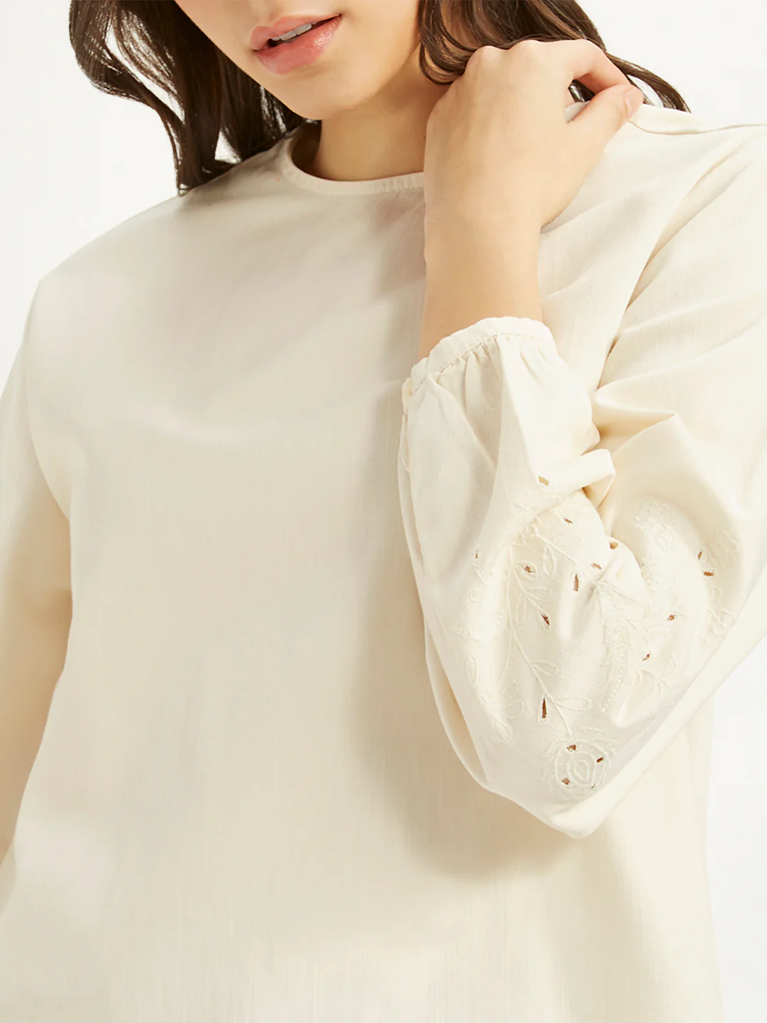 Women's Embroidered Off White Round Neck Top - Image 3
