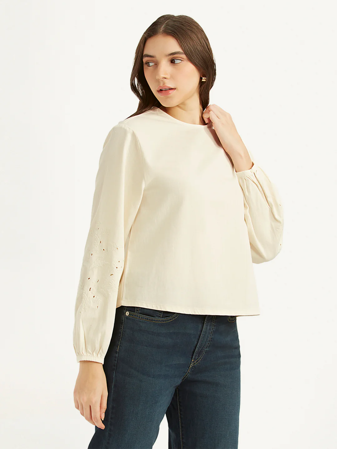 Women's Embroidered Off White Round Neck Top - Image 4