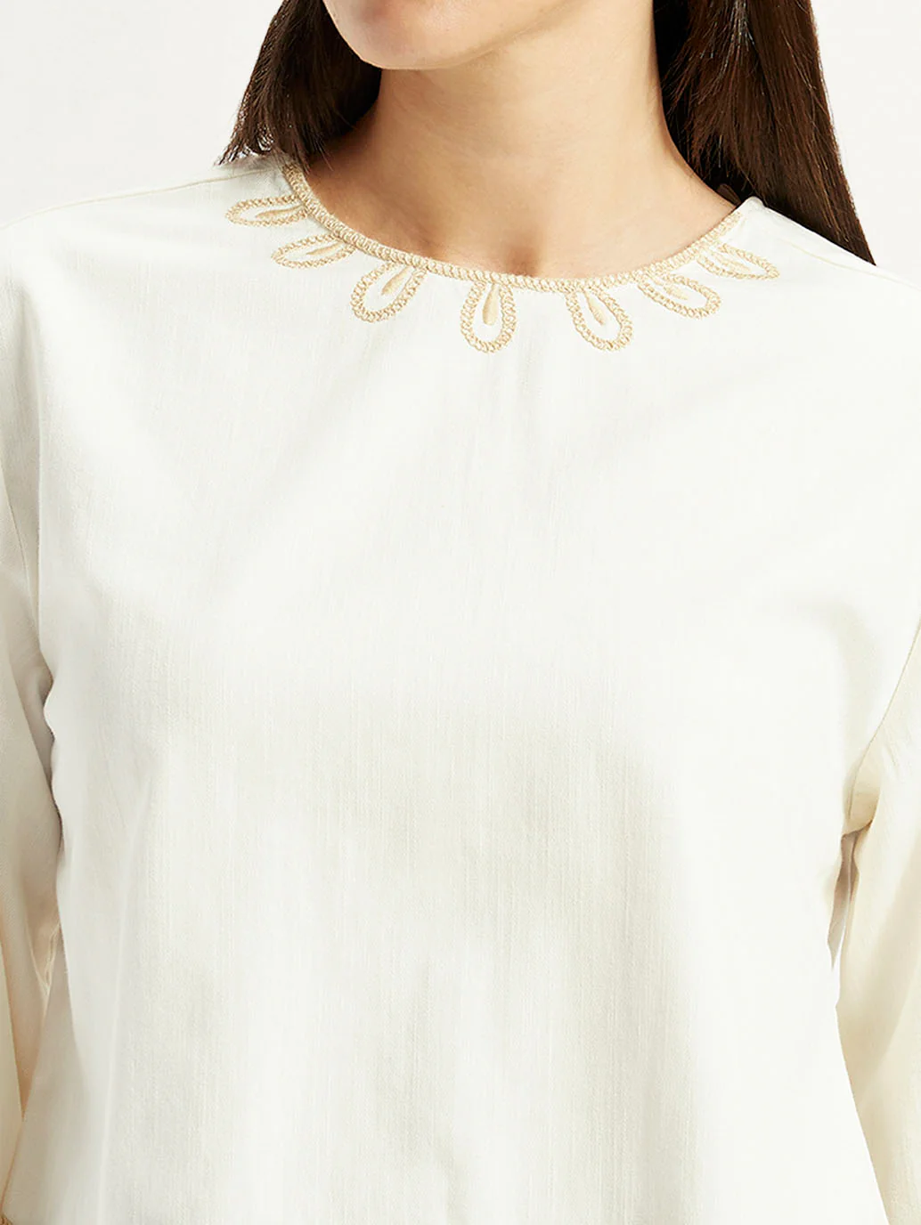 Women's Embroidered Off White Round Neck Top - Image 4