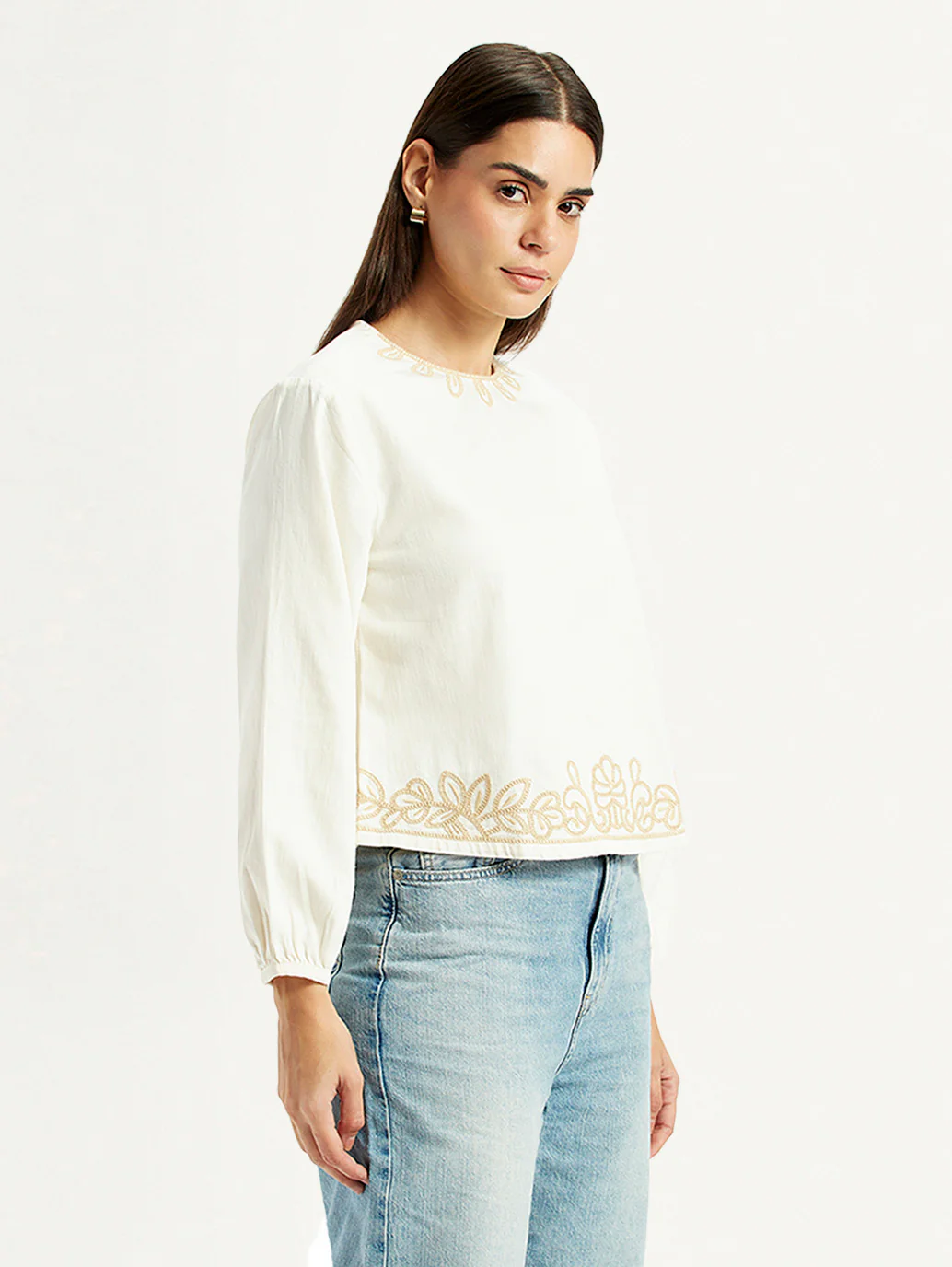 Women's Embroidered Off White Round Neck Top - Image 5