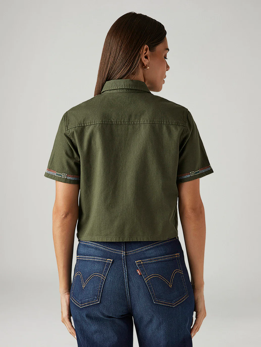 Women's Embroidered Olive Green Spread Collar Shirt - Image 2