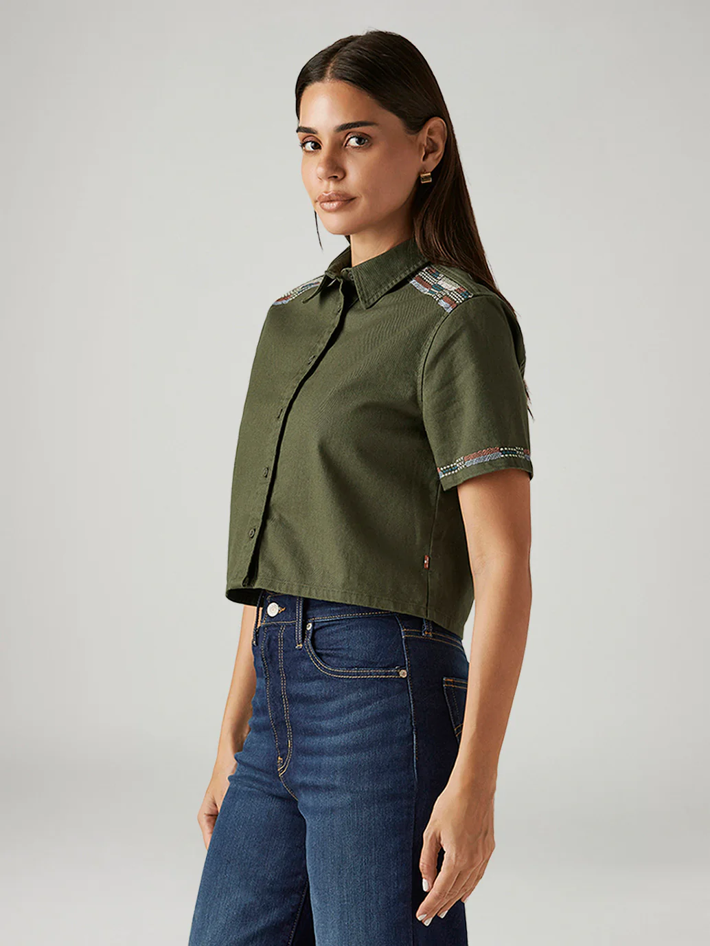 Women's Embroidered Olive Green Spread Collar Shirt - Image 3