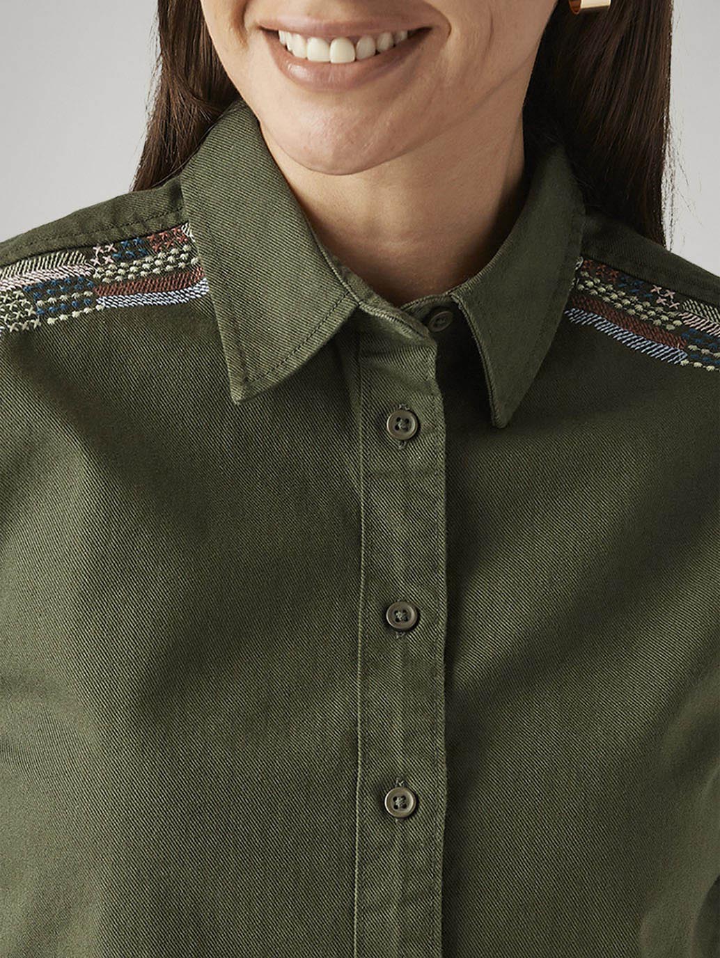 Women's Embroidered Olive Green Spread Collar Shirt - Image 4