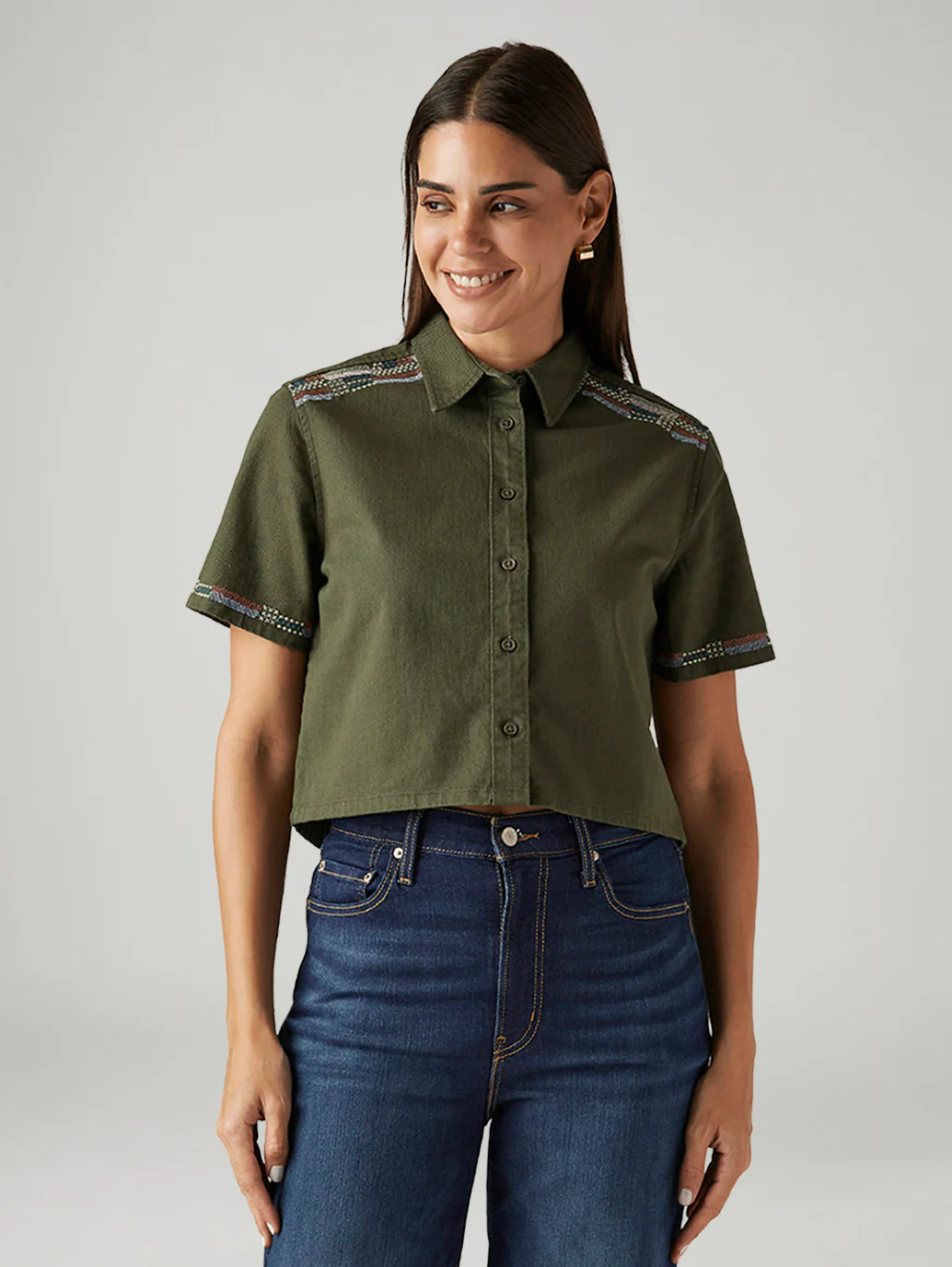 Women's Embroidered Olive Green Spread Collar Shirt - Image 5
