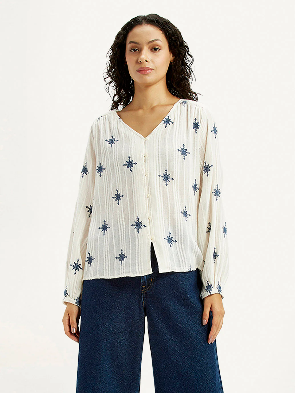 Women's Embroidered Off White V-Neck Top