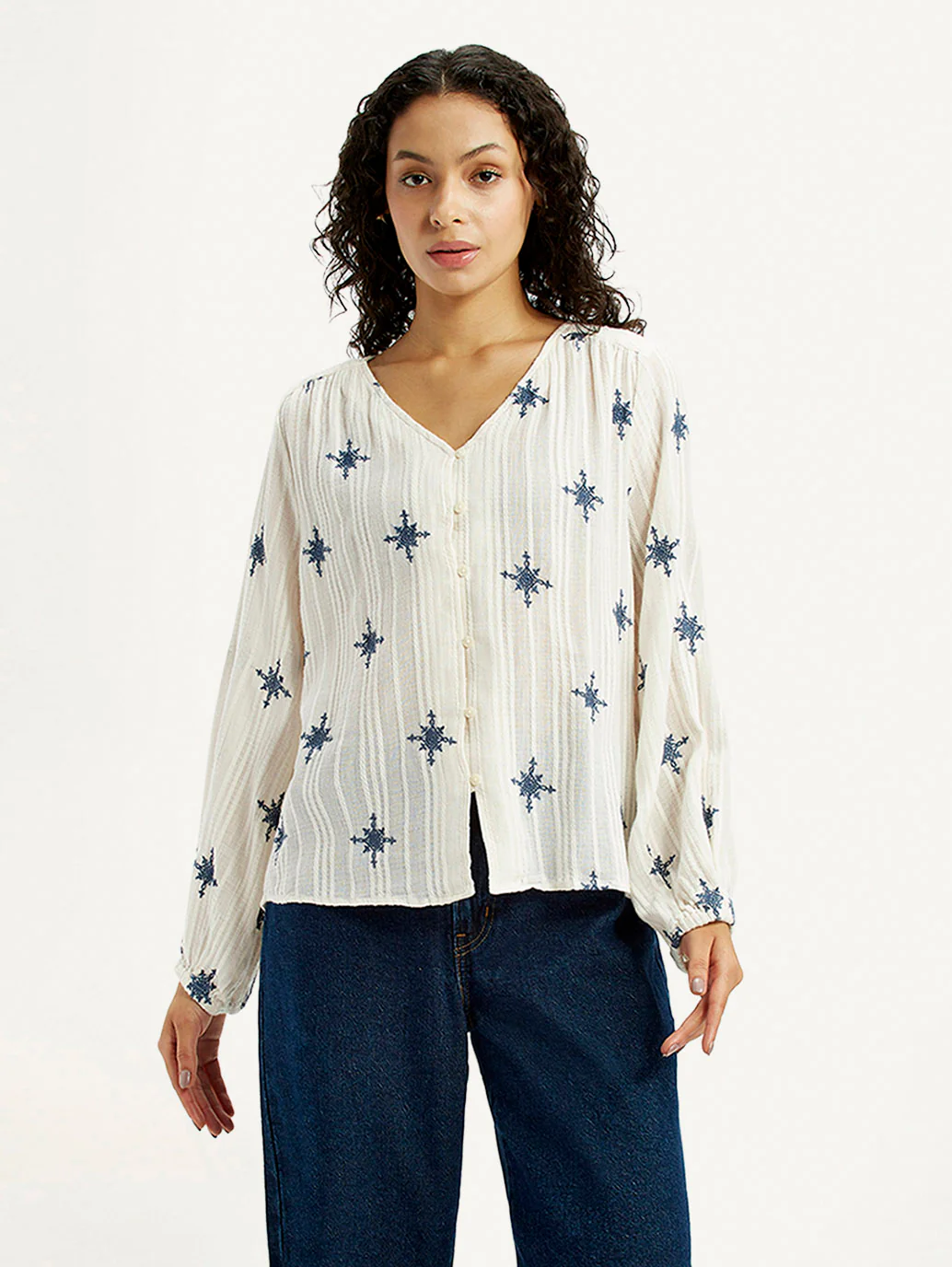 Women's Embroidered Off White V-Neck Top - Image 5