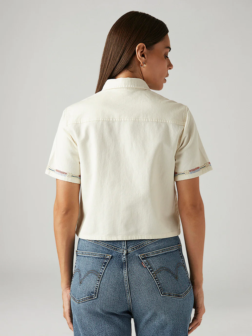Women's Embroidered Off White Spread Collar Shirt - Image 2