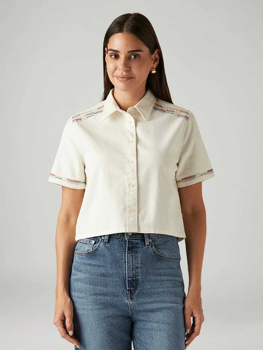Women's Embroidered Off White Spread Collar Shirt - Image 5