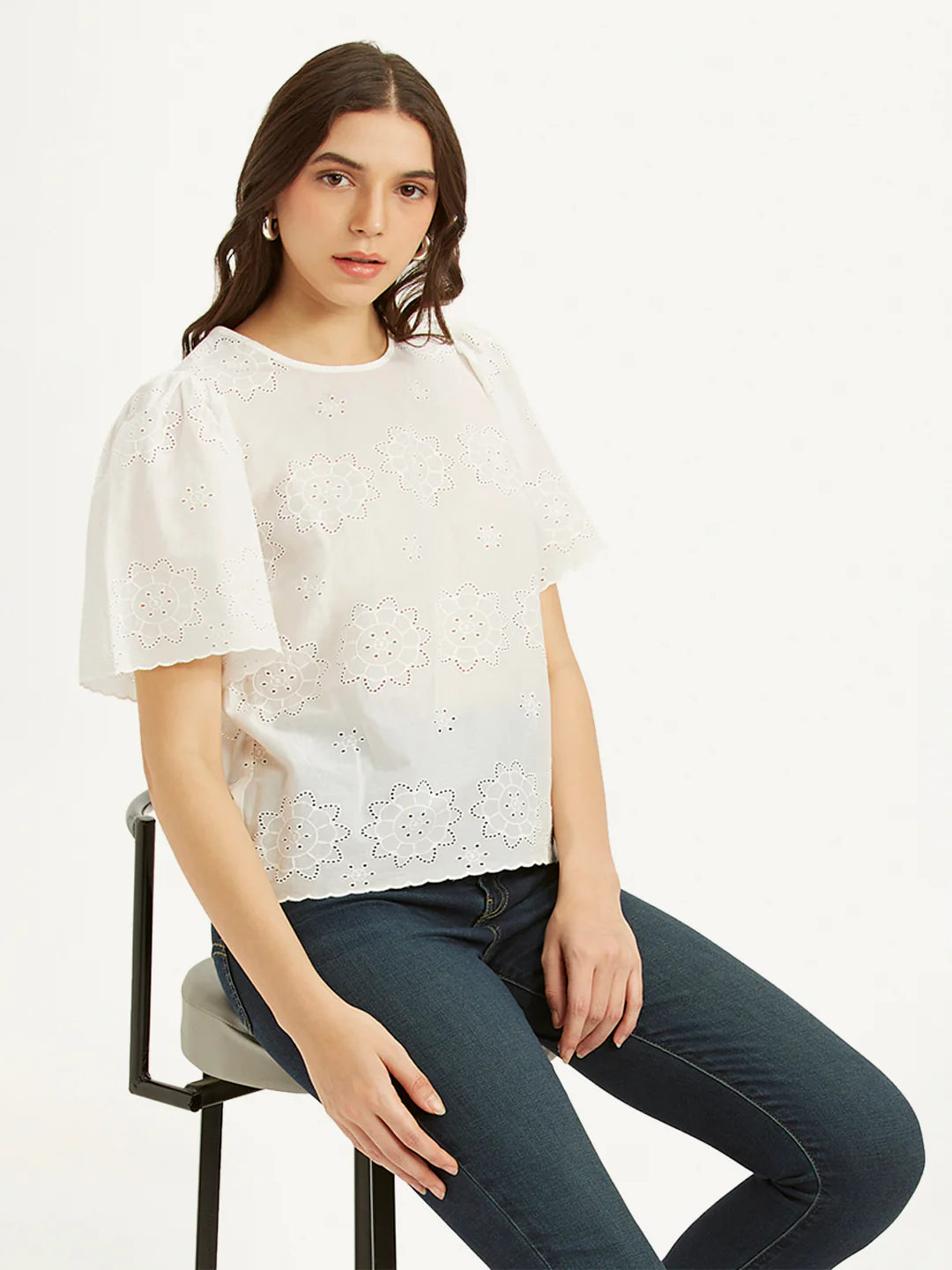 Women's Embroidered White Round Neck Top