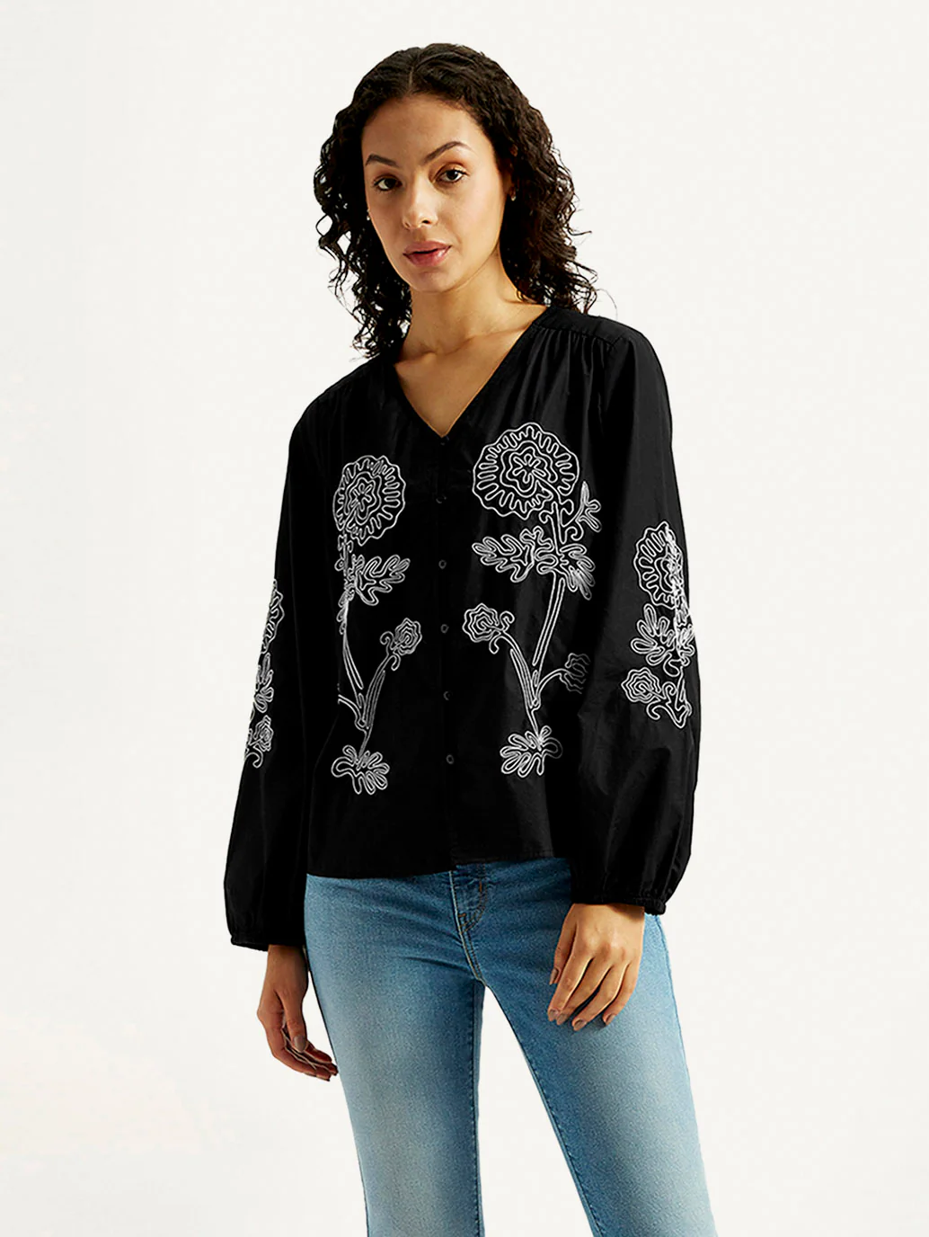 Women's Floral Black V-Neck Top