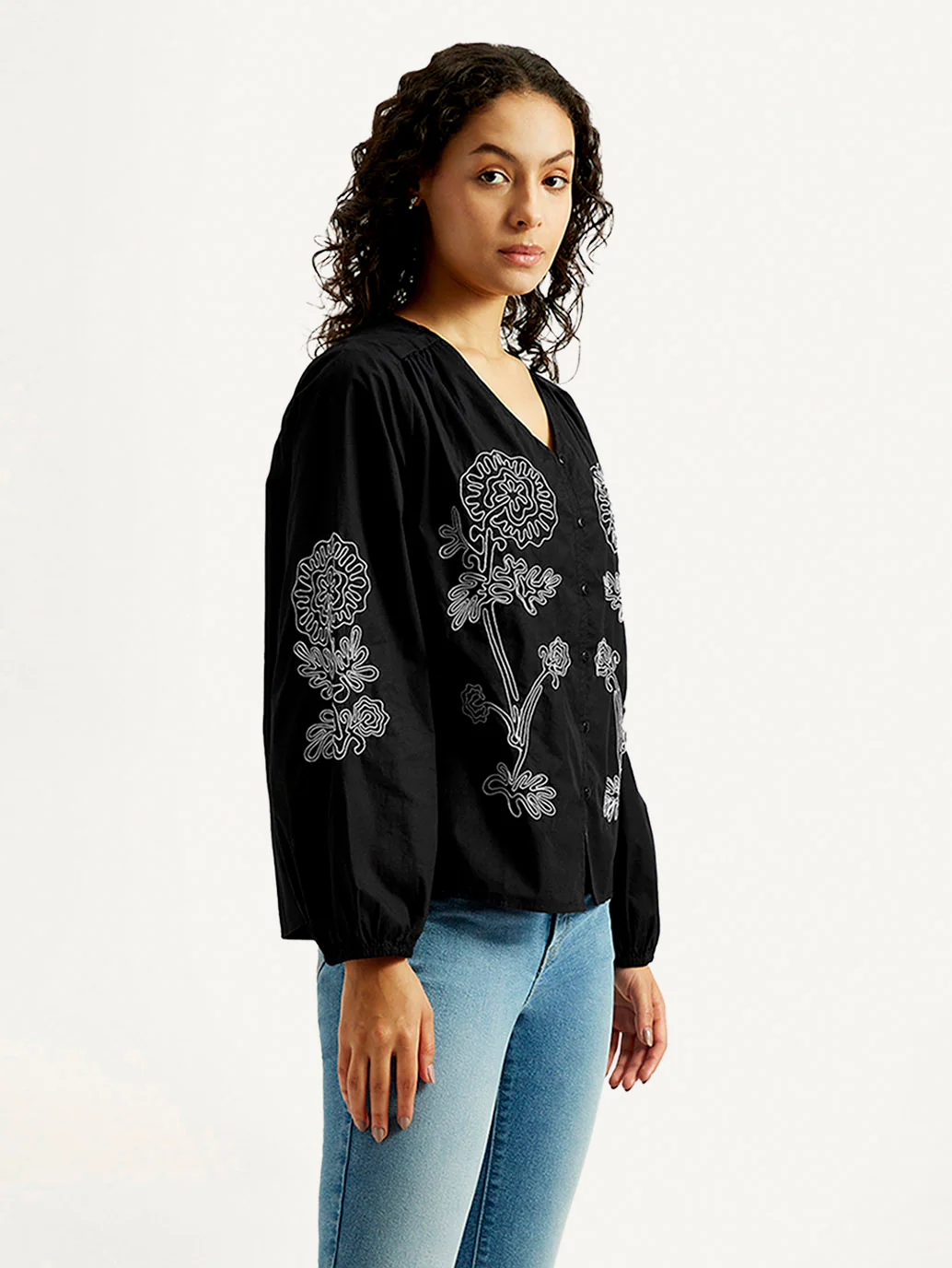 Women's Floral Black V-Neck Top - Image 3