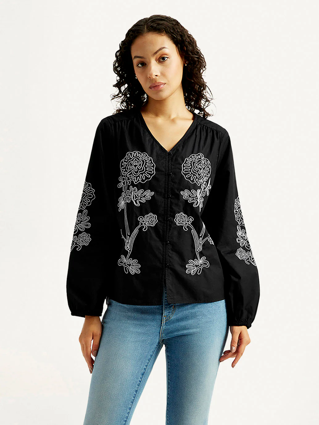Women's Floral Black V-Neck Top - Image 5