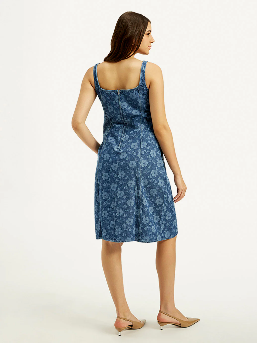 Women's Floral Blue Square Neck Denim Dress - Image 3