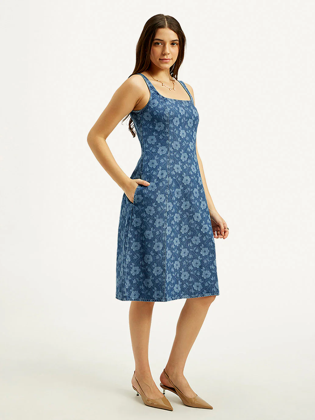 Women's Floral Blue Square Neck Denim Dress - Image 5