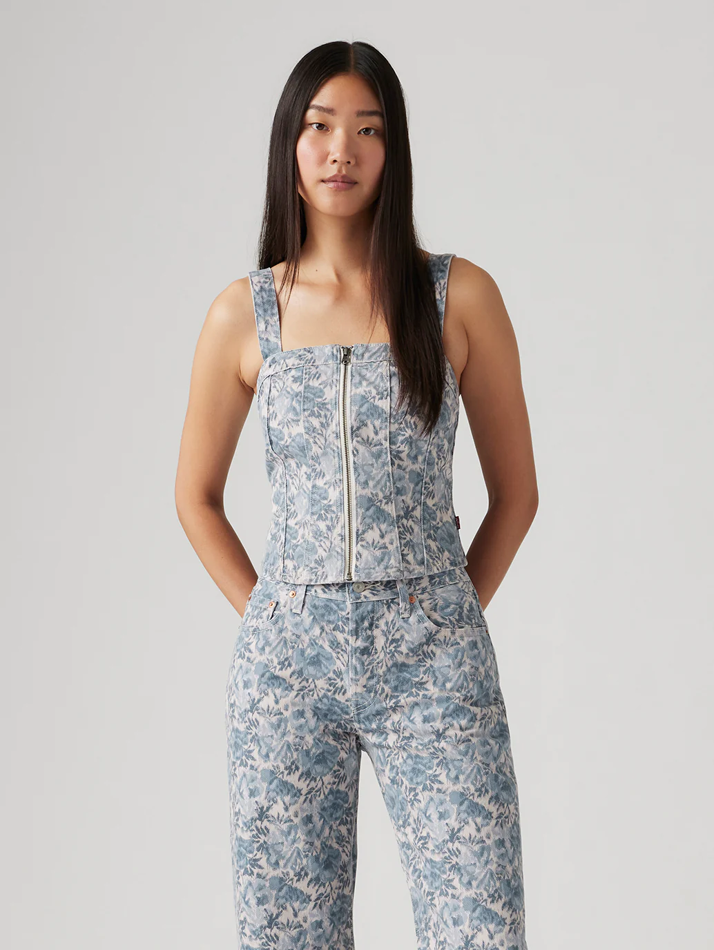 Women's Floral Blue Square Neck Corset Top