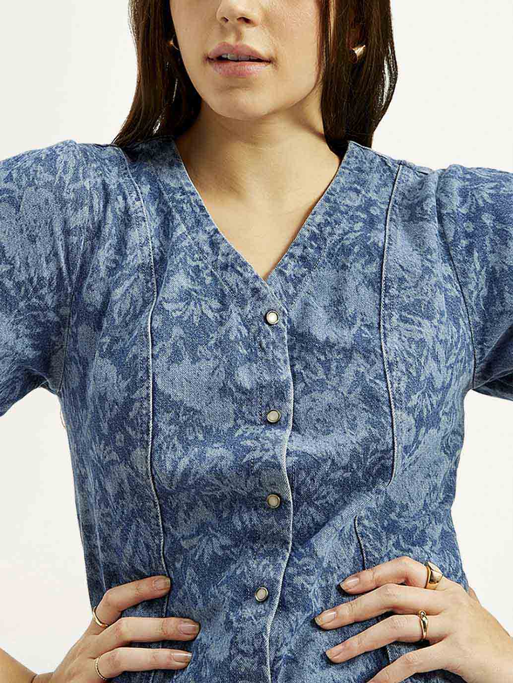 Women's Floral Blue V Neck Denim Dress - Image 5